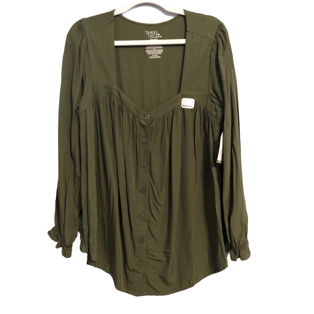 Time & Tru Womens Maternity Top M Green Long‎ Sleeve Square Neck Buttondown Boho